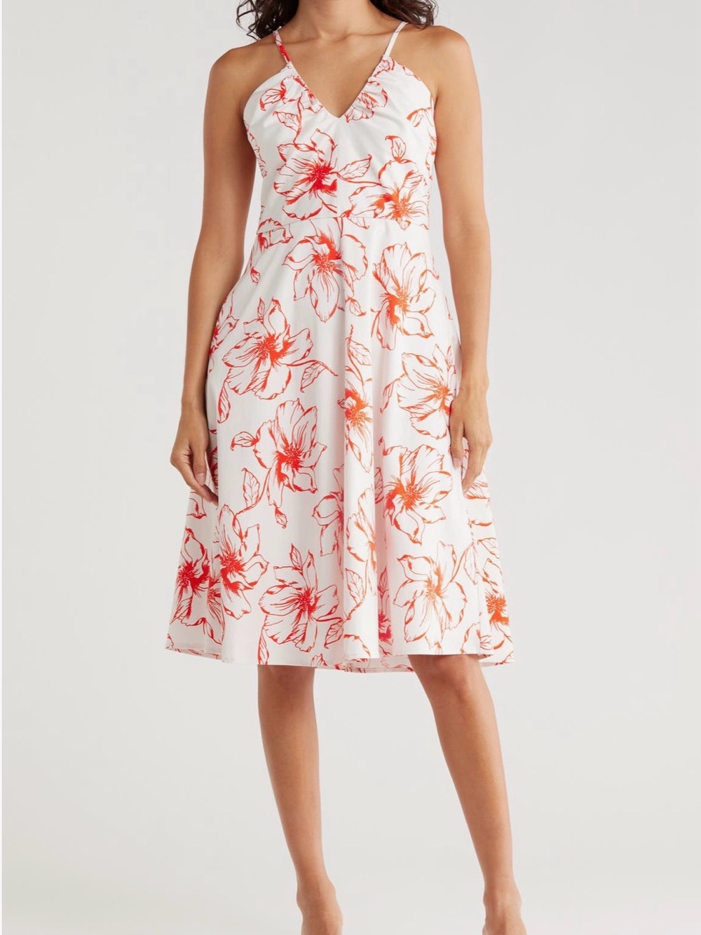 Hutch Floral Spaghetti-Strap Midi Dress in White with Red Print